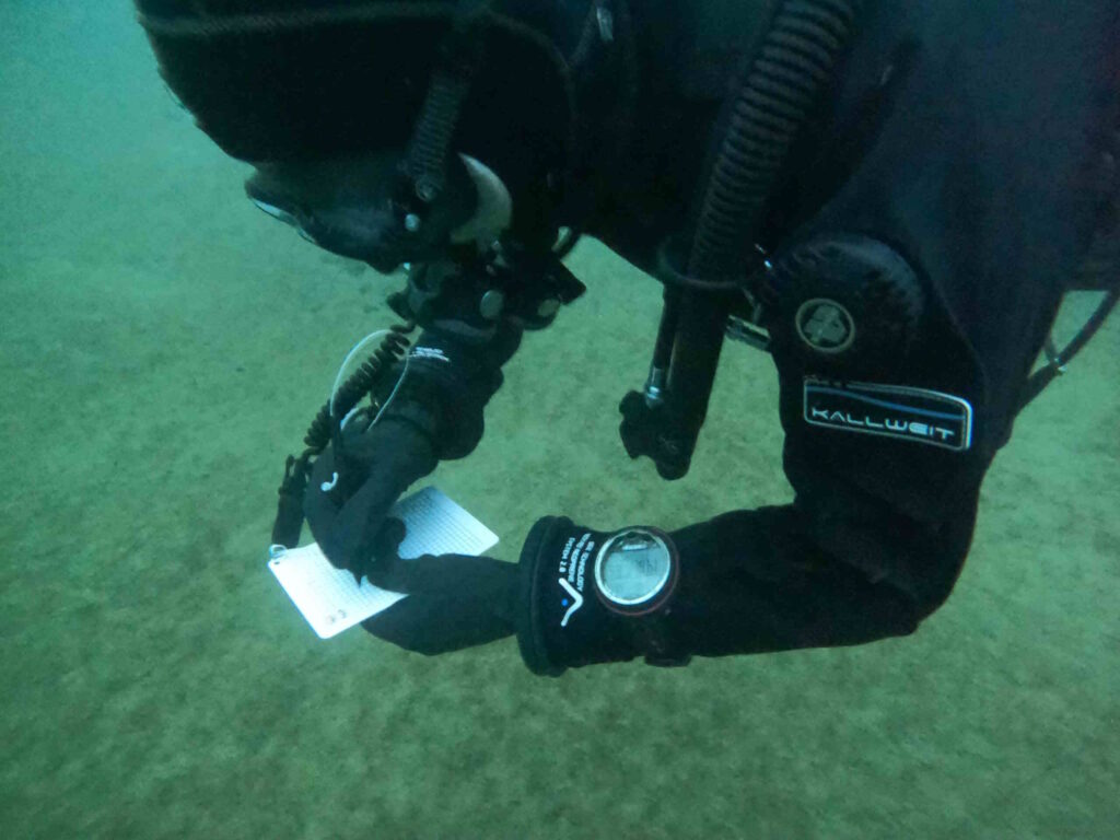 Bild eines Gerätetaucher unter Wasser der etwas auf seine Wetnodes schreibt.